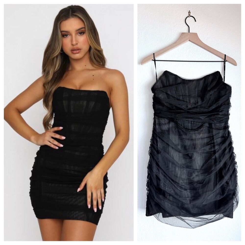 NEW White Fox For the Night Strapless Corset Ruched Tulle Mini Dress in Black XL